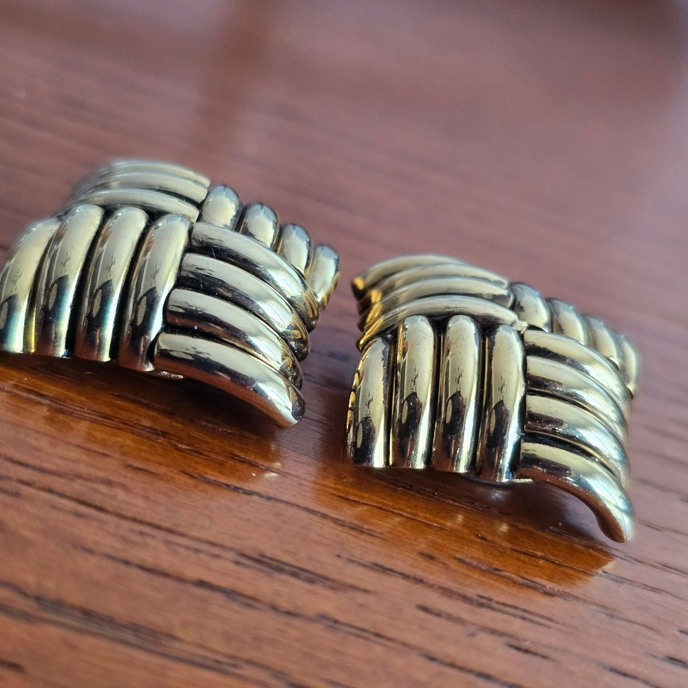 Gold Tone Basketweave Shoe Clips Chunky Textured Square